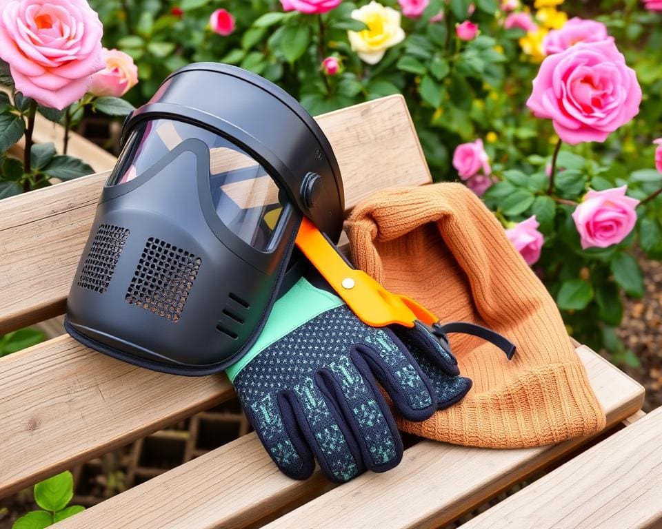 guantes de jardinería y mascarilla para podar rosales